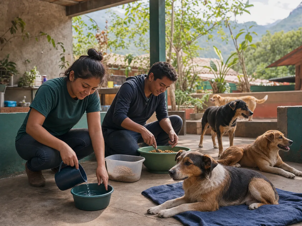 Voluntarios atienden con cuidado a perros rescatados en un espacio comunitario de Guatemala