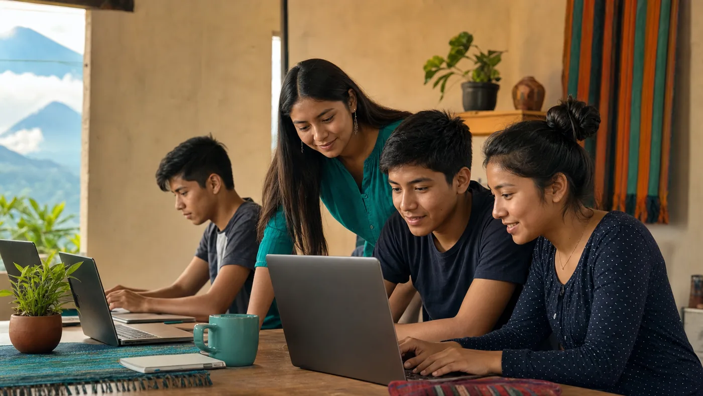 Jóvenes guatemaltecos colaboran alrededor de computadoras en un taller comunitario