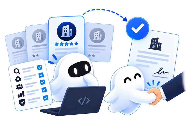 Hoo compara propuestas de varias empresas de software frente a una lista de requisitos, y cierra el trato con un apretón de manos sobre el contrato firmado